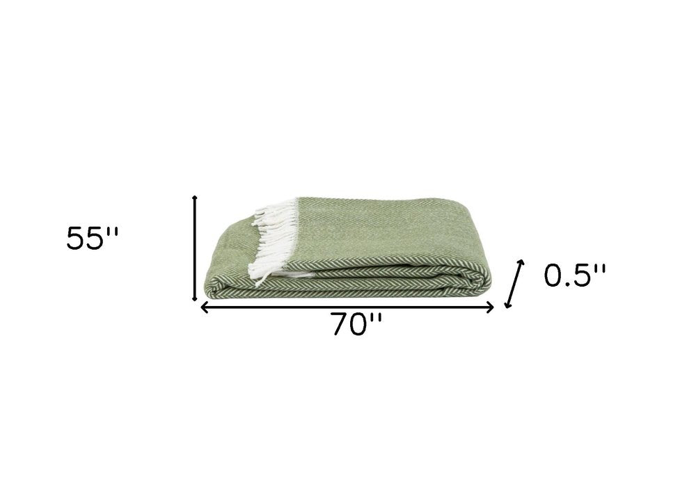 55" X 70" Moss Green And White Cotton Blend Woven Herringbone Plush Throw Blanket with Tassels