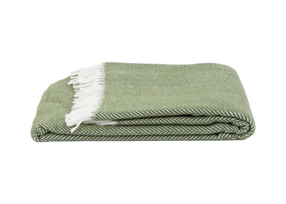 55" X 70" Moss Green And White Cotton Blend Woven Herringbone Plush Throw Blanket with Tassels