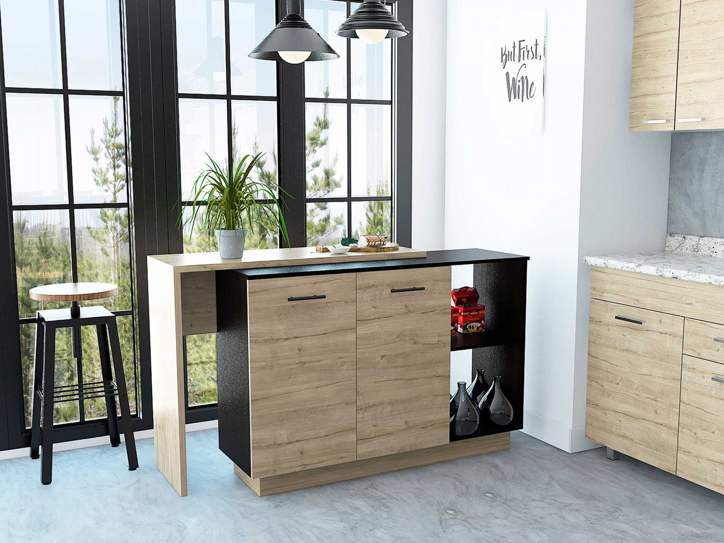 Black and Light Oak Contemporary Kitchen Island with Bar Table