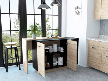 Natural and Natural And Black 59" Kitchen Island With Storage
