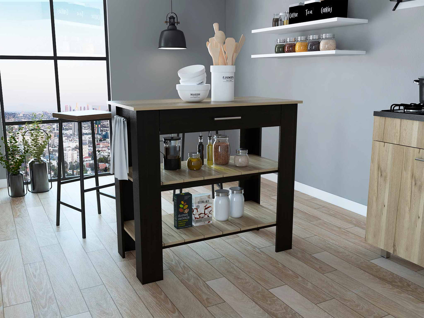 Black and Natural 40" Kitchen Island With Storage