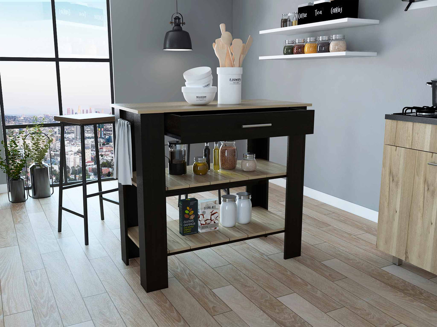 Black and Natural 40" Kitchen Island With Storage