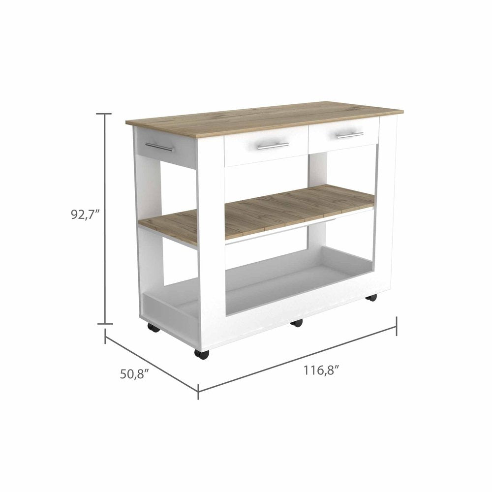 White and Brown 40" Rolling Kitchen Cart With Storage