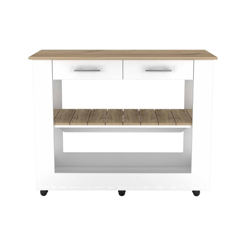 White and Brown 40" Rolling Kitchen Cart With Storage