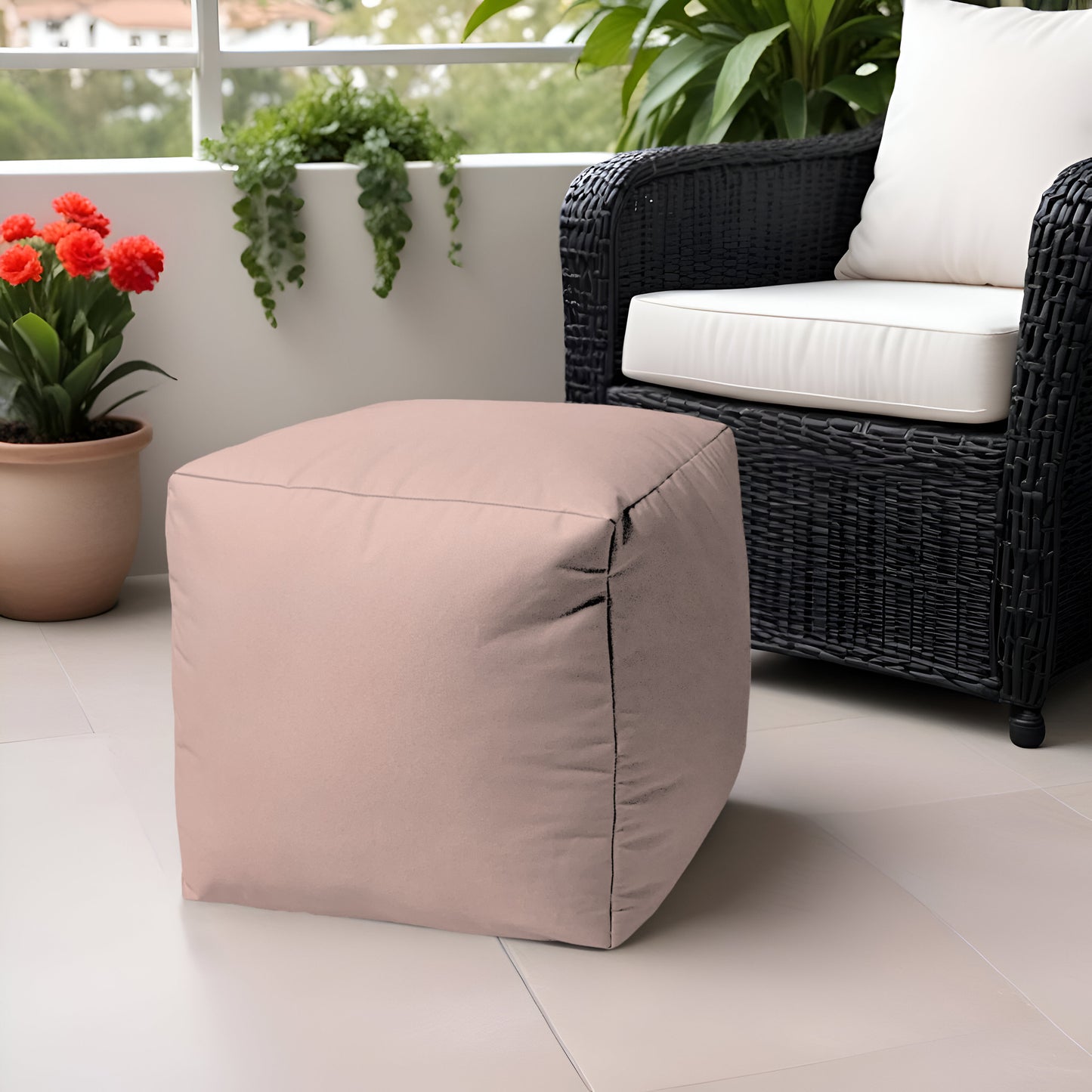 17" Dark Brown Canvas Cube Outdoor Pouf Ottoman