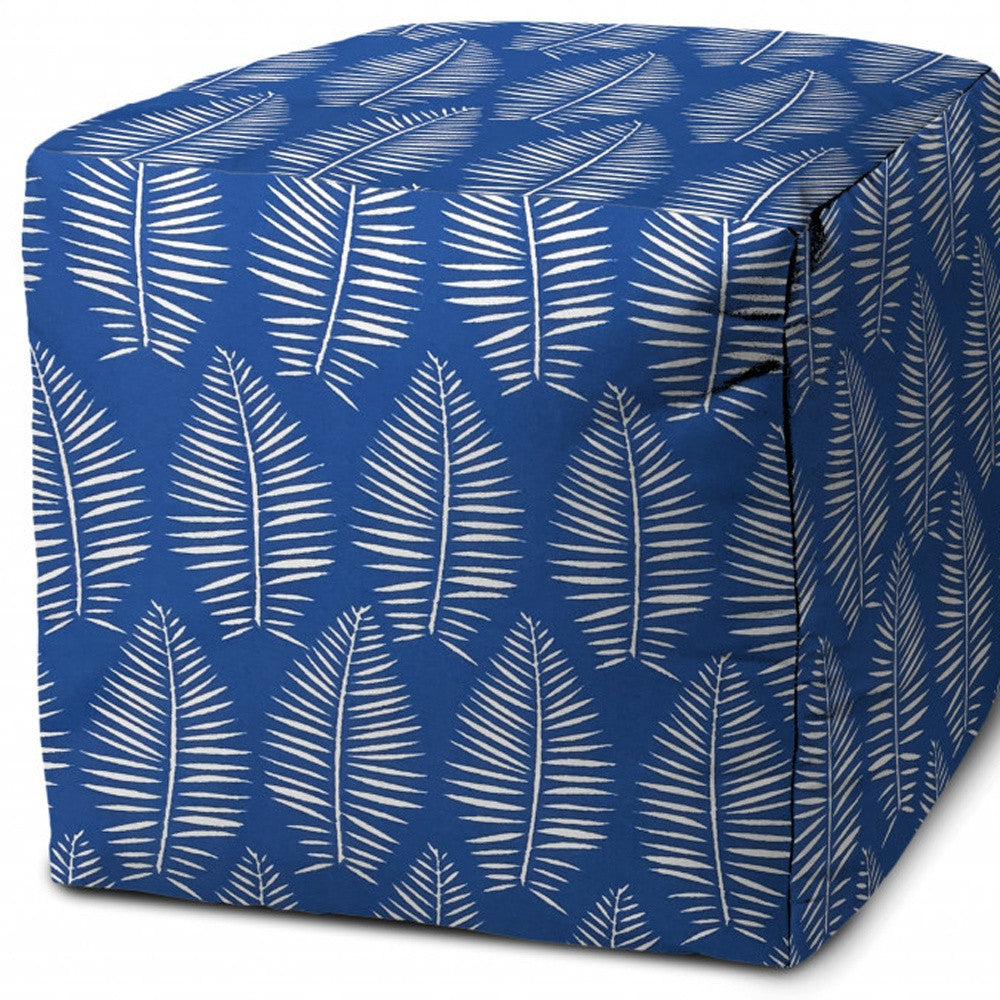 17" Blue and White Polyester Cube Floral Outdoor Pouf Ottoman