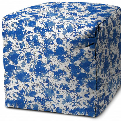 17" Blue and White Polyester Cube Abstract Outdoor Pouf Ottoman