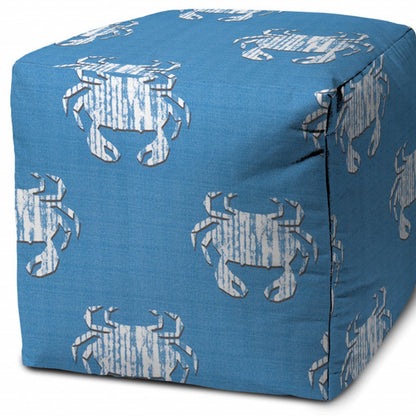 17" Blue and White Polyester Cube Crab Outdoor Pouf Ottoman