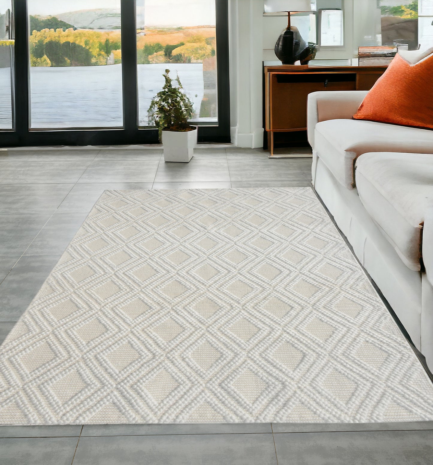 5' X 7' Ivory Geometric Handmade Area Rug