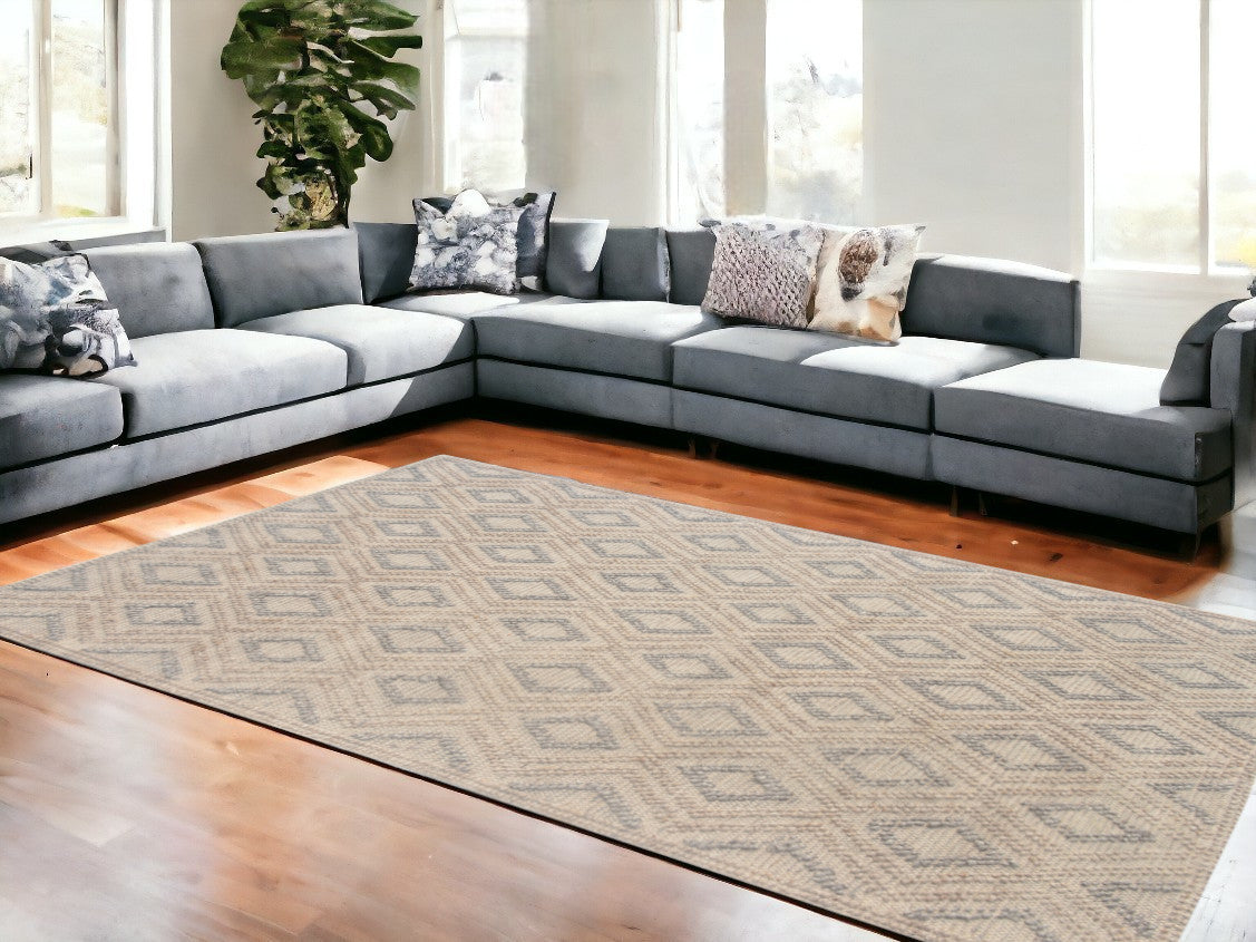 9' X 13' Tan Gray Diamond Lattice Modern Area Rug