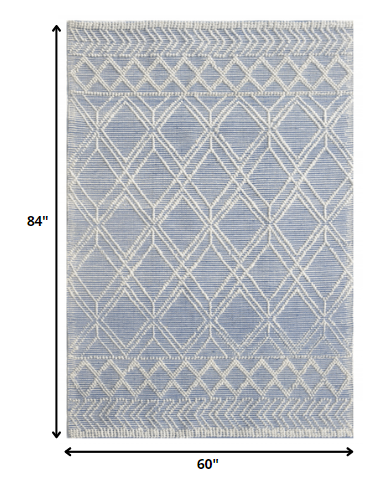 5' X 7' Blue and Ivory Geometric Handmade Area Rug