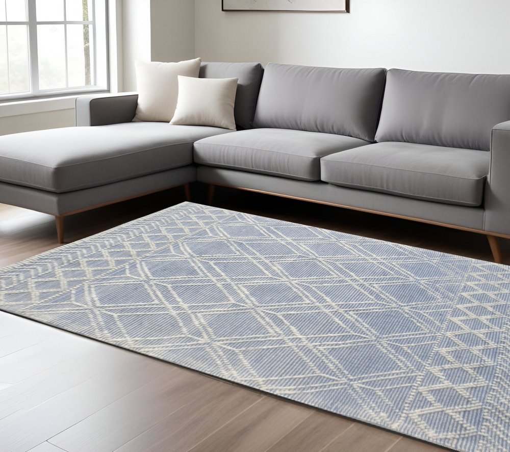 8' X 11' Blue and Ivory Geometric Handmade Area Rug