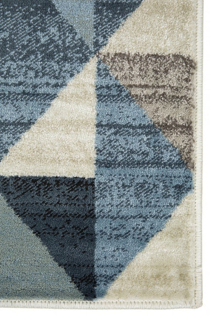8' Beige Blue And Gray Geometric Runner Rug