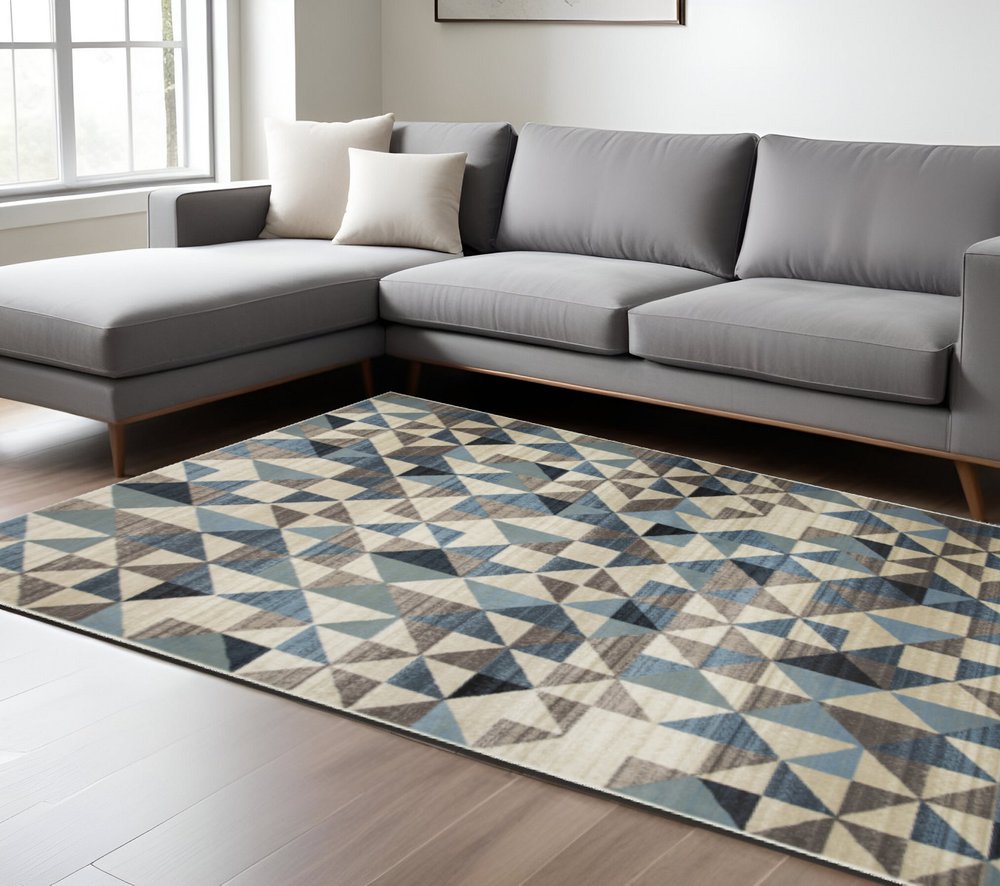 8' X 11' Beige Blue And Gray Geometric Area Rug