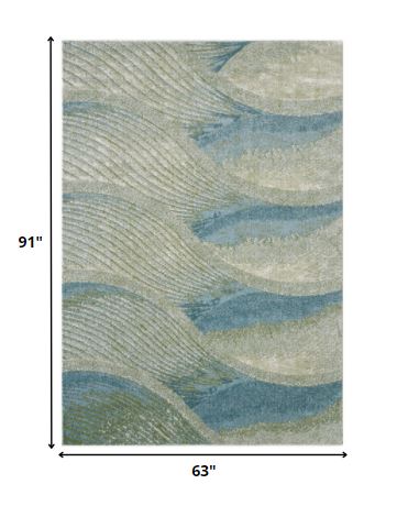 5' X 8' Blue and Beige Abstract Waves Area Rug