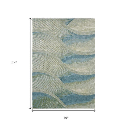 7' X 10' Beige Blue And Sage Abstract Area Rug