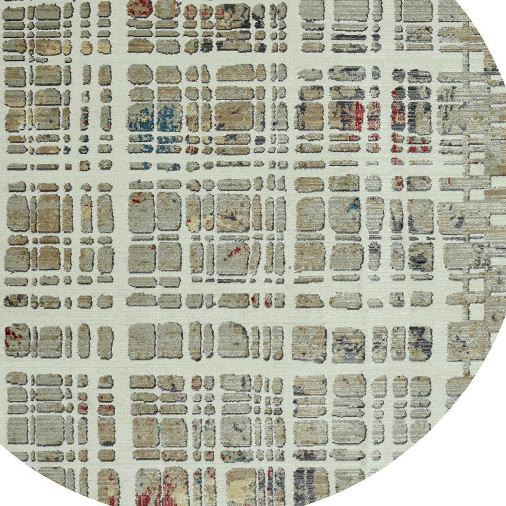 8' Ivory Red And Blue Abstract Round Rug