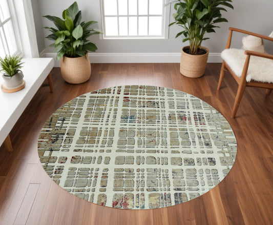 8' Ivory Round Abstract Area Rug