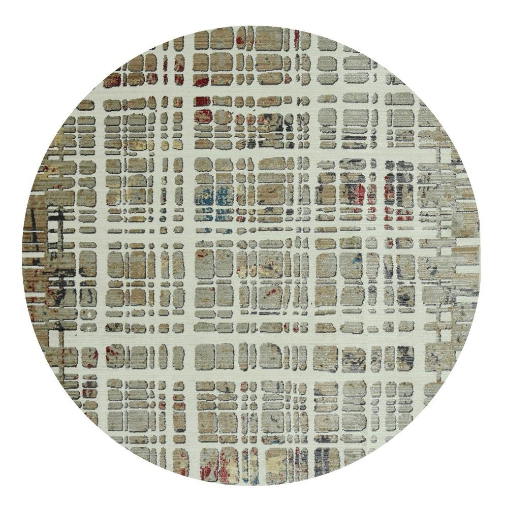 8' Ivory Red And Blue Abstract Round Rug