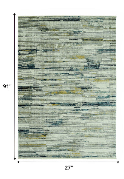 8' Runner Ivory and Blue Abstract Runner Rug