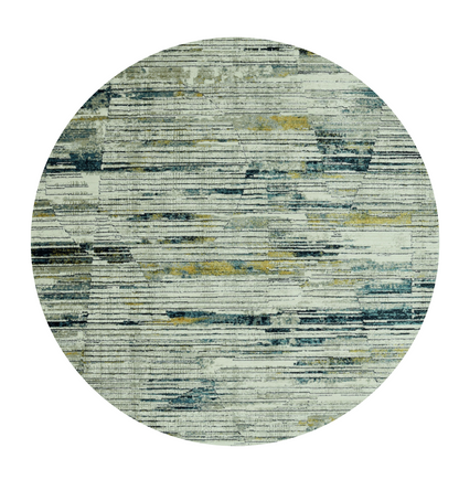 8' Ivory and Blue Round Abstract Area Rug