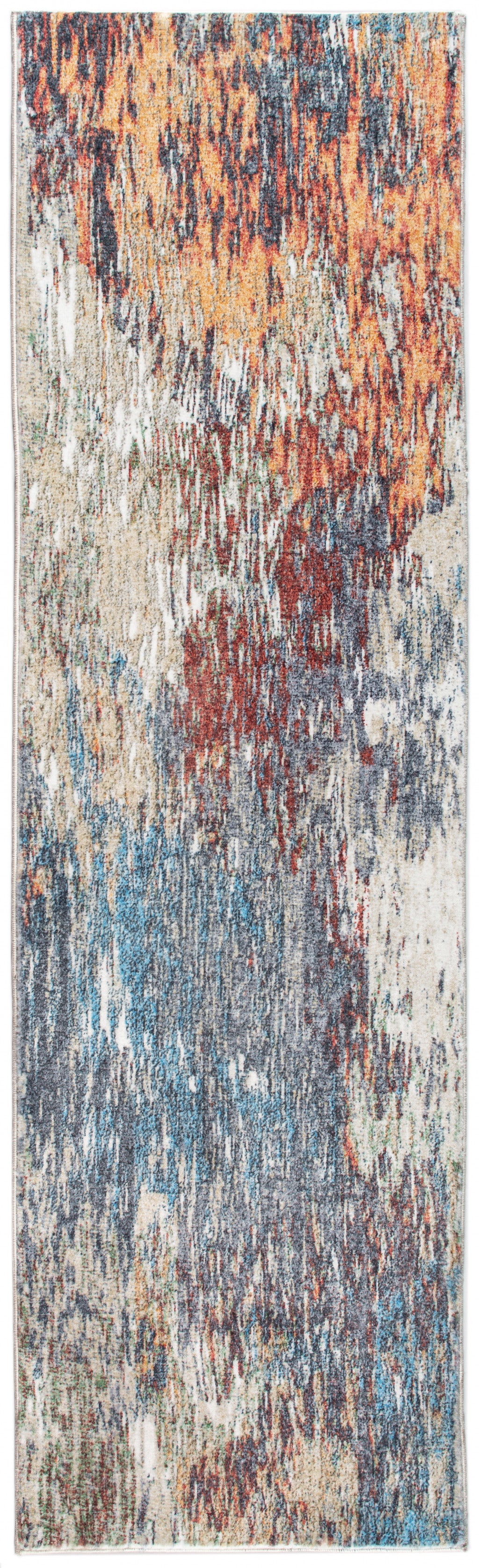 8' Runner Blue and Beige Abstract Runner Rug