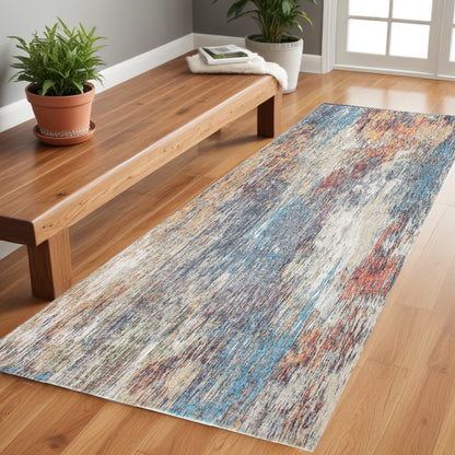 8' Runner Blue and Beige Abstract Runner Rug