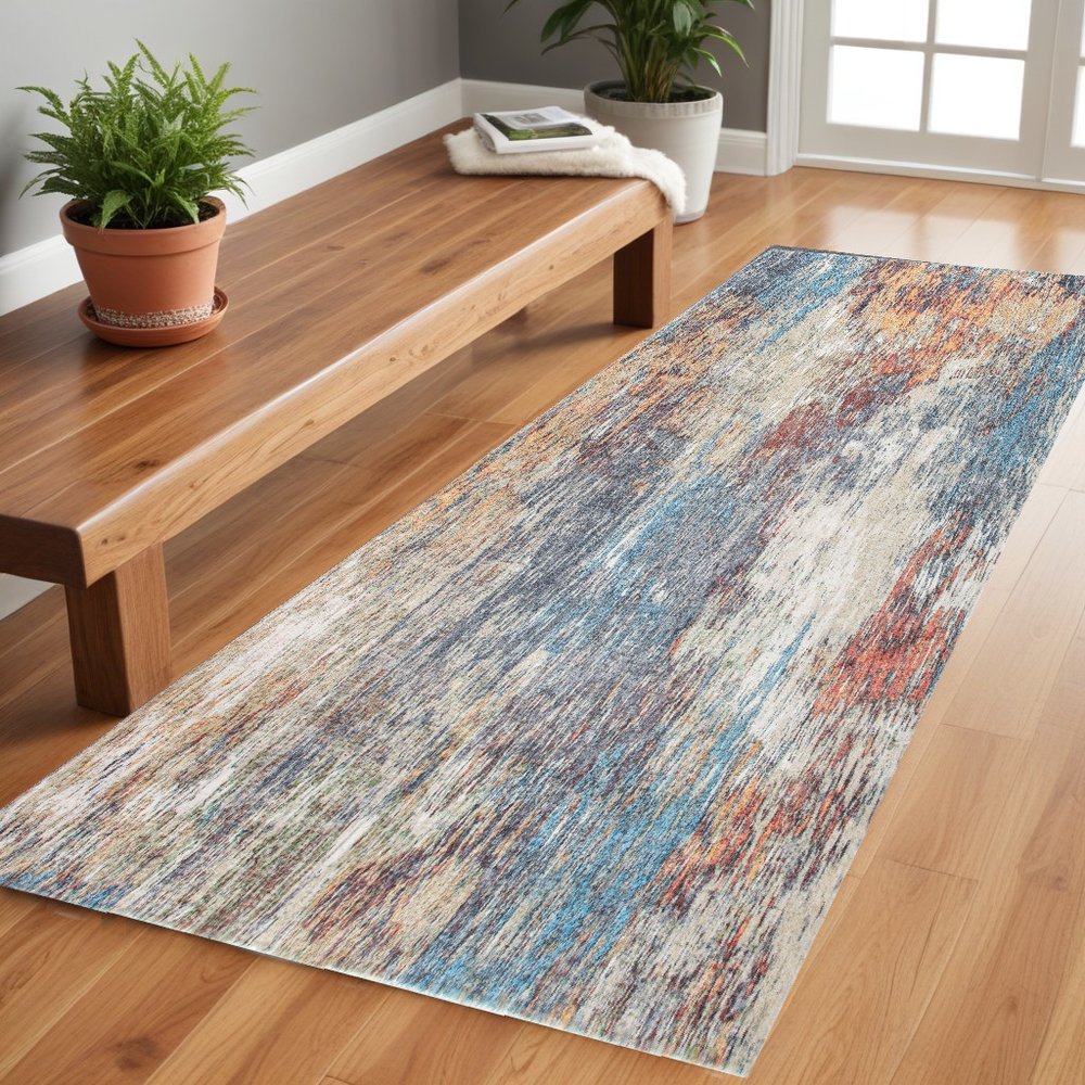 8' Blue And Beige Abstract Runner Rug