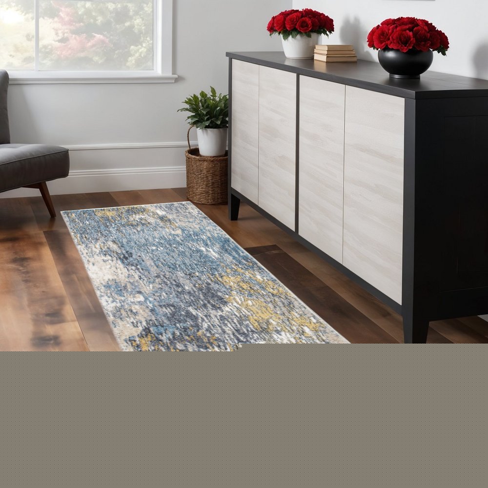 8' Blue And Gold Abstract Runner Rug