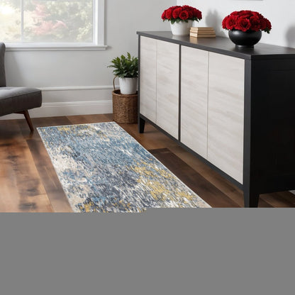 8' Blue And Gold Abstract Runner Rug