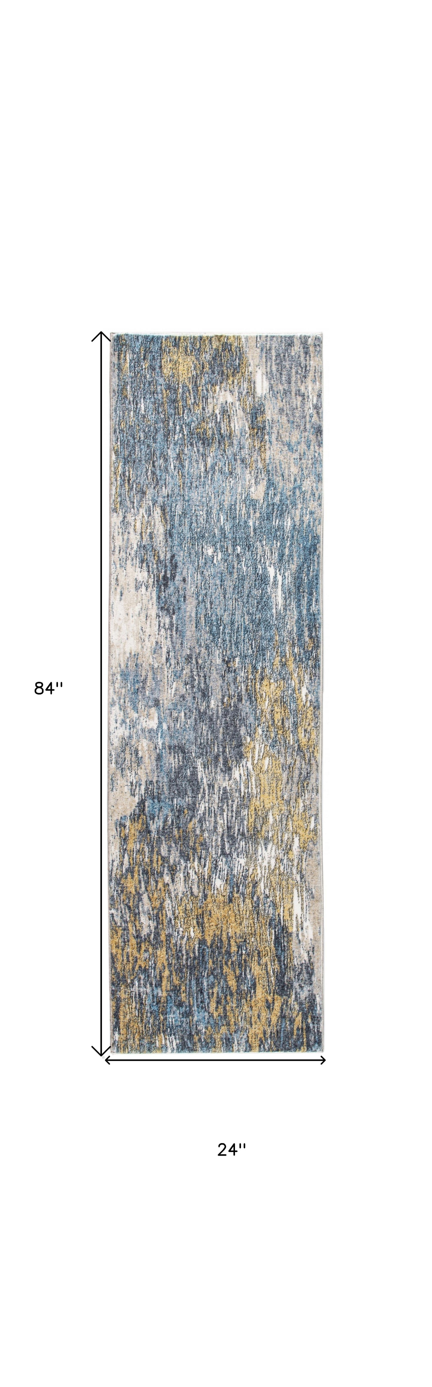 8' Runner Blue and Gold Abstract Runner Rug