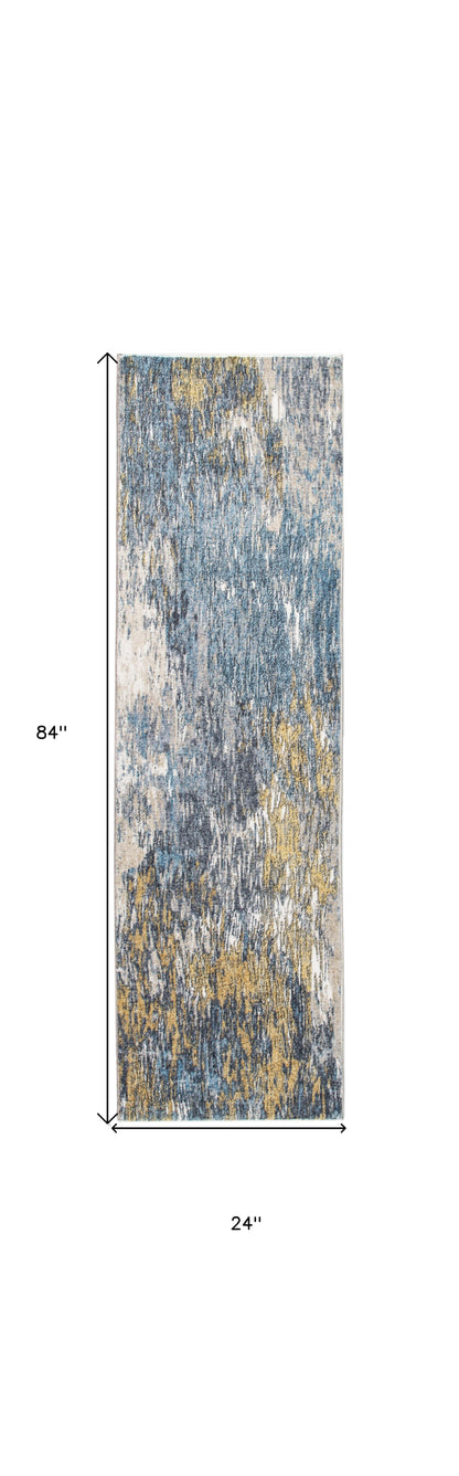 8' Runner Blue and Gold Abstract Runner Rug