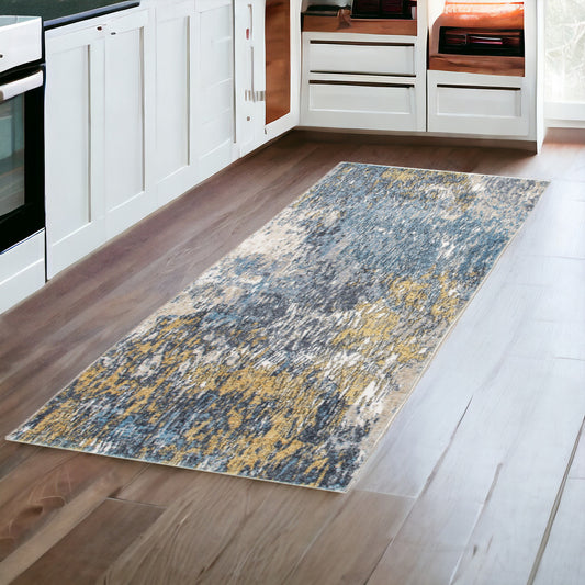 8' Runner Blue and Gold Abstract Runner Rug