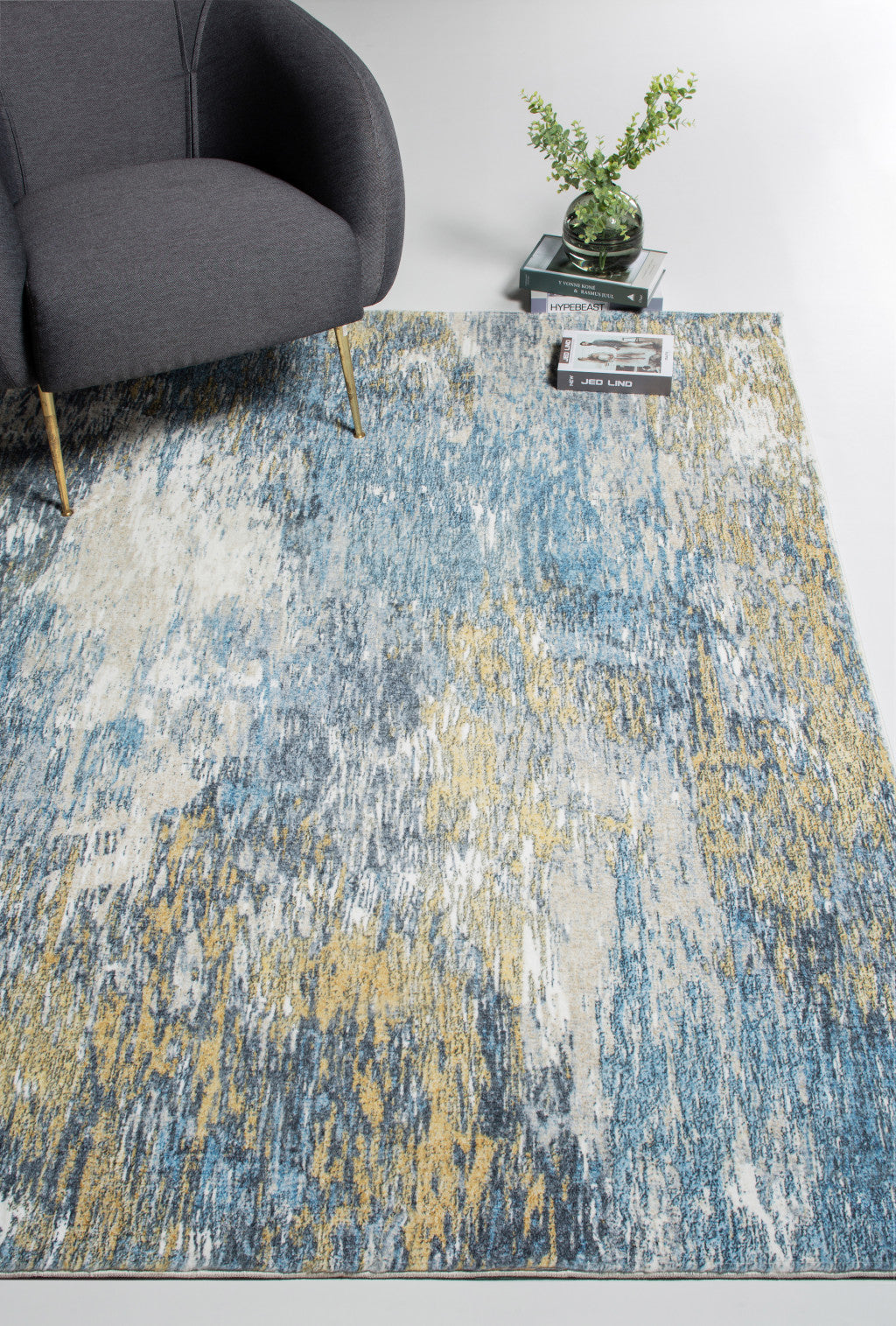 5' X 8' Blue and Gold Abstract Area Rug