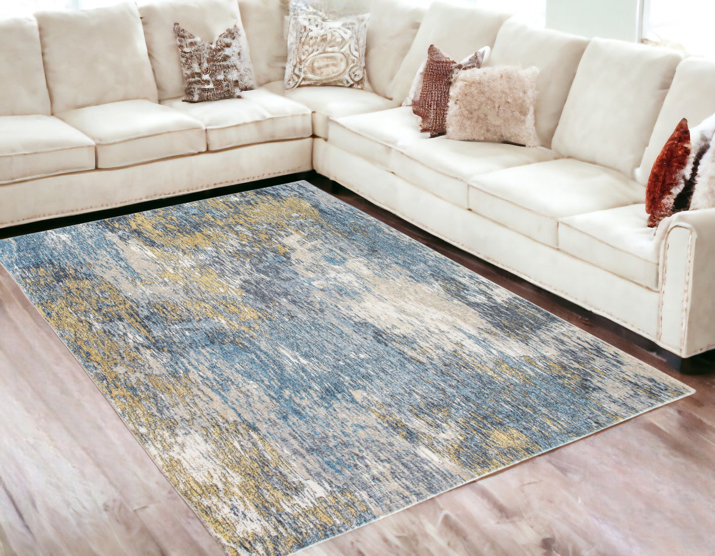 5' X 8' Blue and Gold Abstract Area Rug