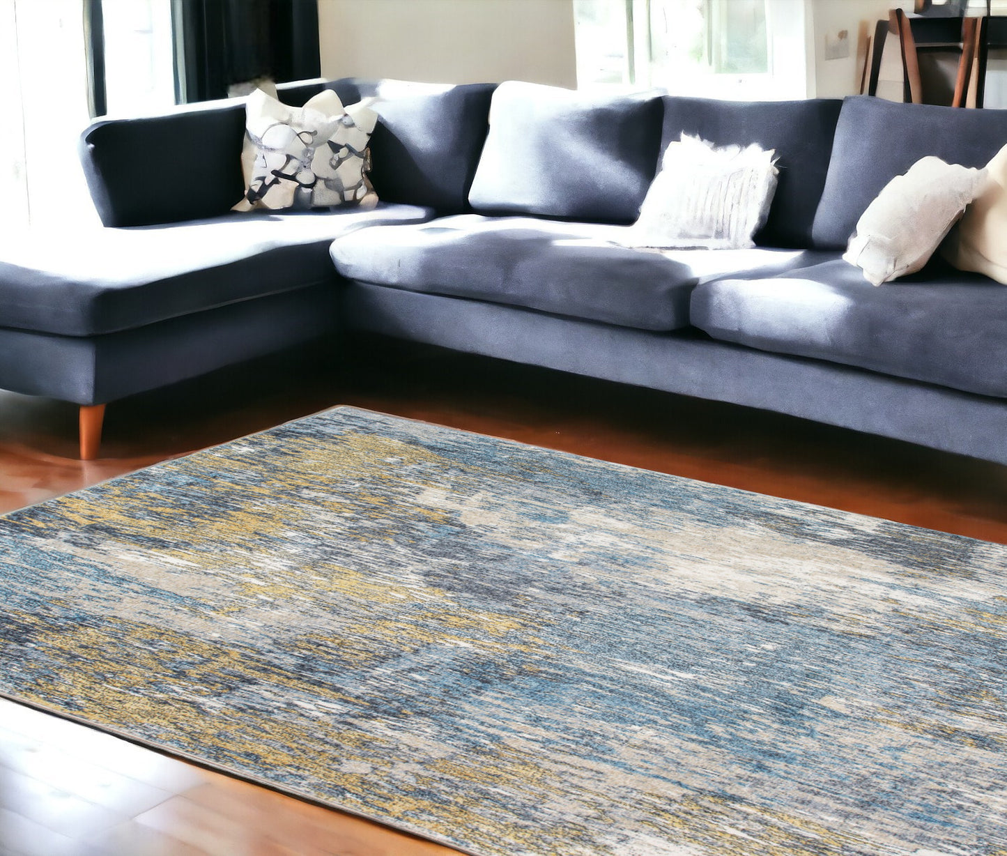 8' X 10' Blue and Gold Abstract Area Rug