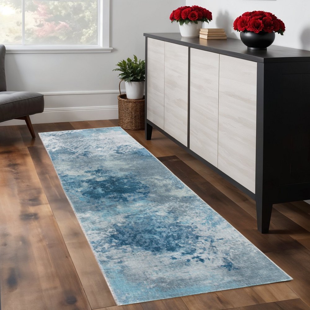 8' Blue And Ivory Abstract Runner Rug