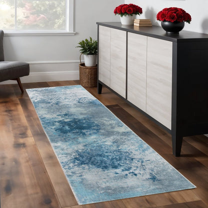 8' Blue And Ivory Abstract Runner Rug