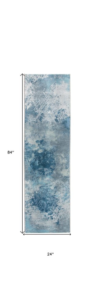 8' Blue And Ivory Abstract Runner Rug