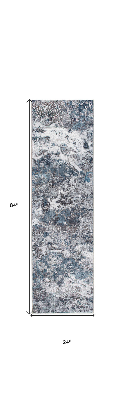 8' Runner Blue and Gray Abstract Runner Rug