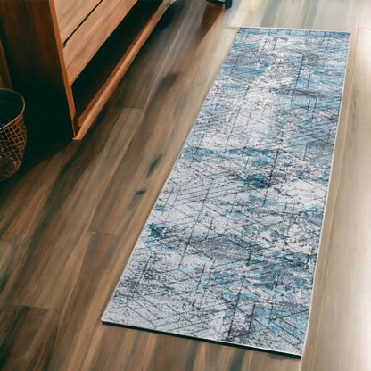 2' X 7' Blue Gray Abstract Cuboid Modern Runner Rug