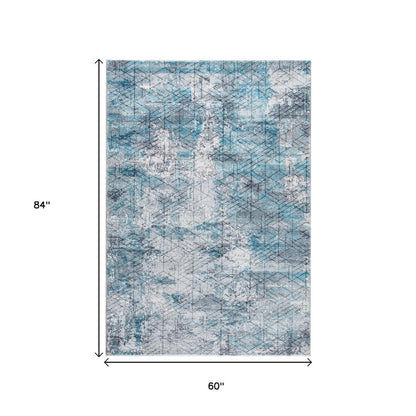 5' X 8' Blue Gray Abstract Cuboid Modern Area Rug