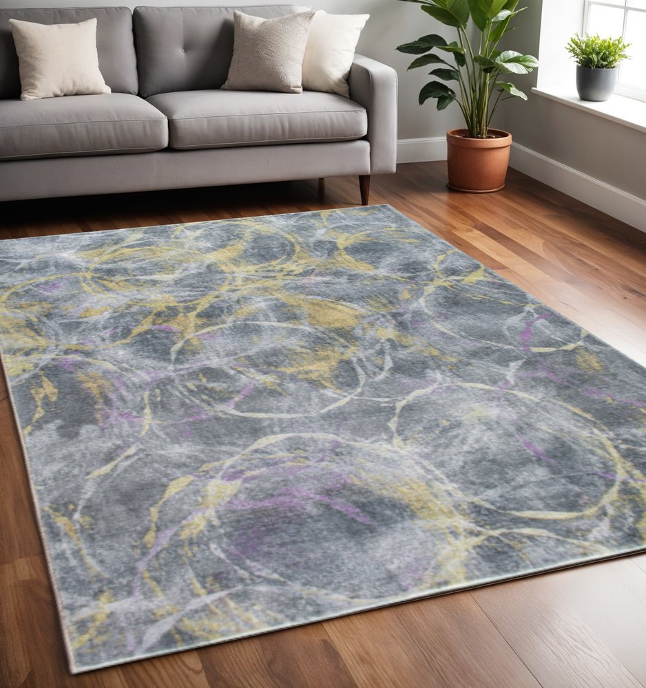 5' X 8' Gray Yellow And Purple Abstract Area Rug