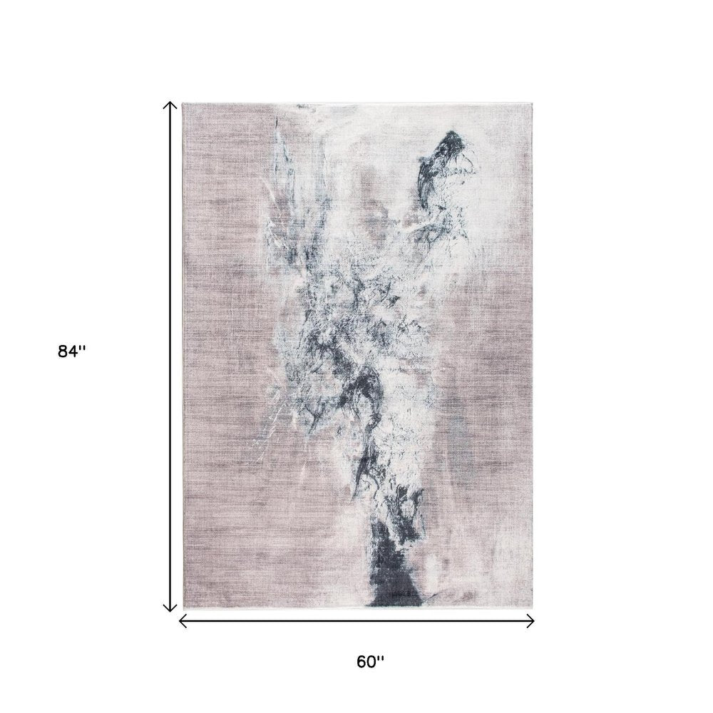 5' X 8' Sand Ivory And Black Abstract Area Rug