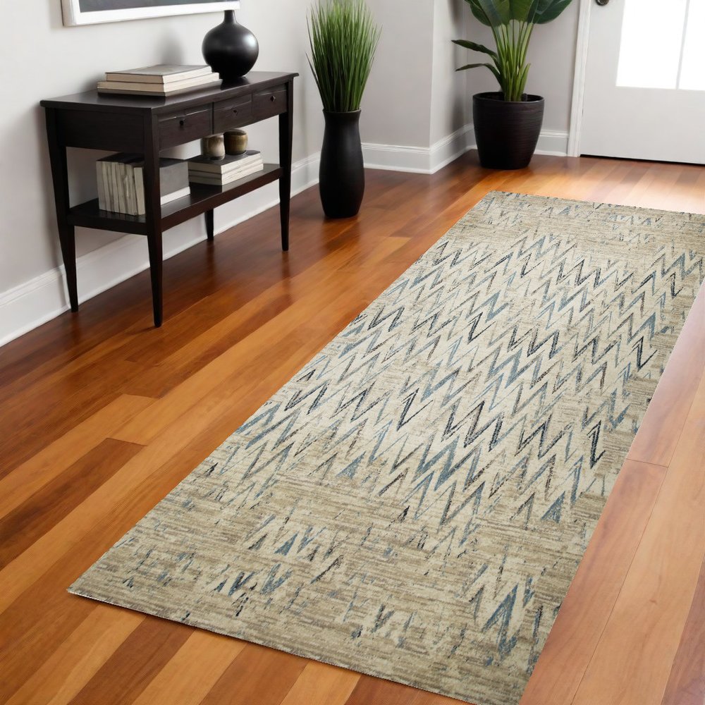 8' Ivory And Blue Chevron Runner Rug