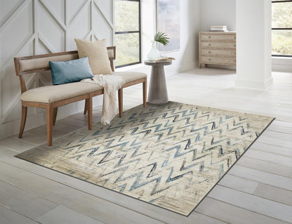3' X 5' Ivory And Blue Chevron Area Rug