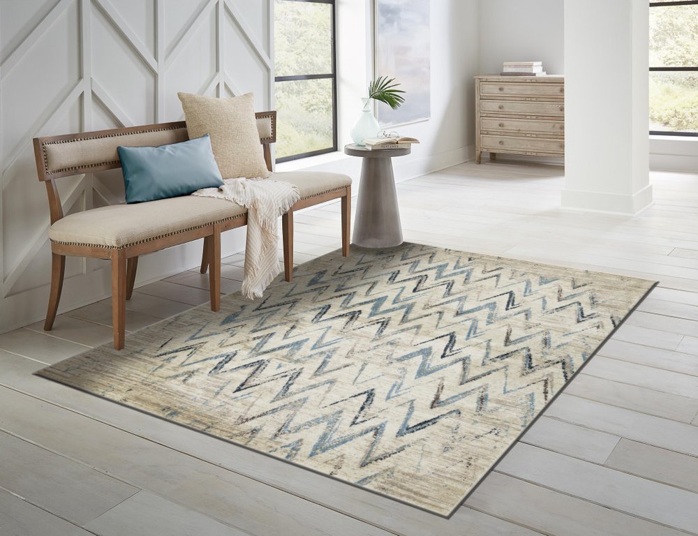5' X 8' Ivory And Blue Chevron Area Rug