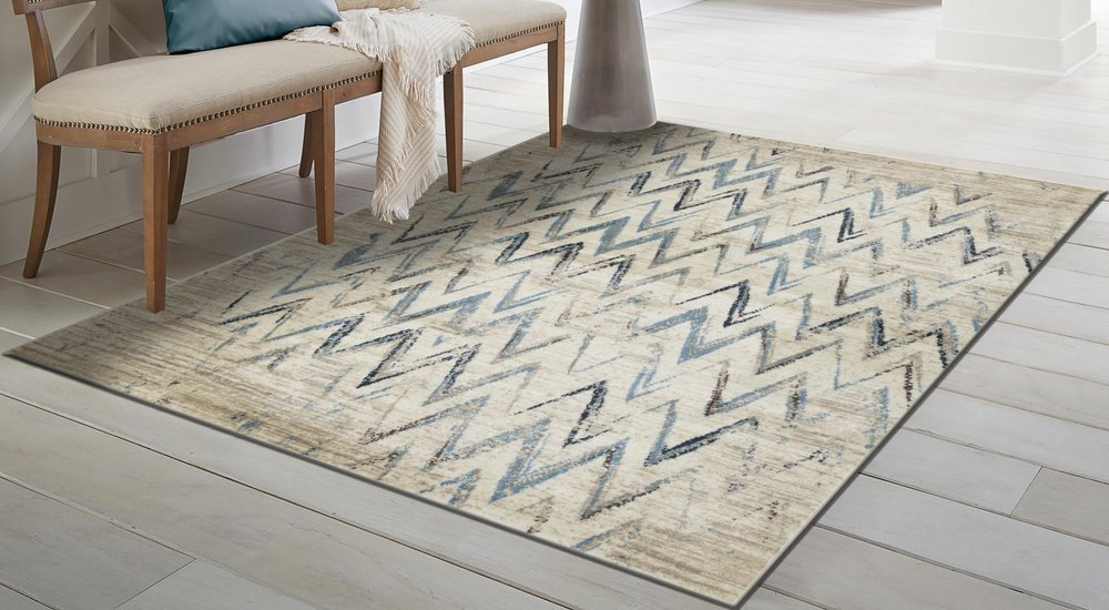 8' X 11' Ivory And Blue Chevron Area Rug