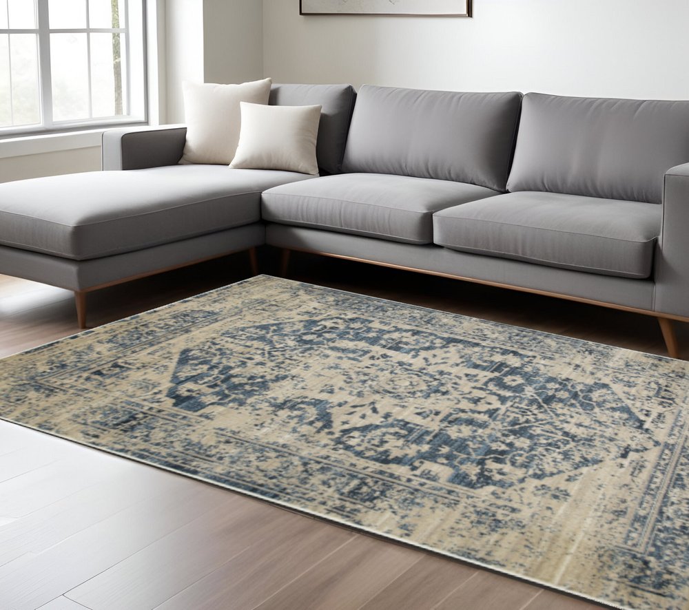 5' X 8' Ivory And Blue Oriental Area Rug