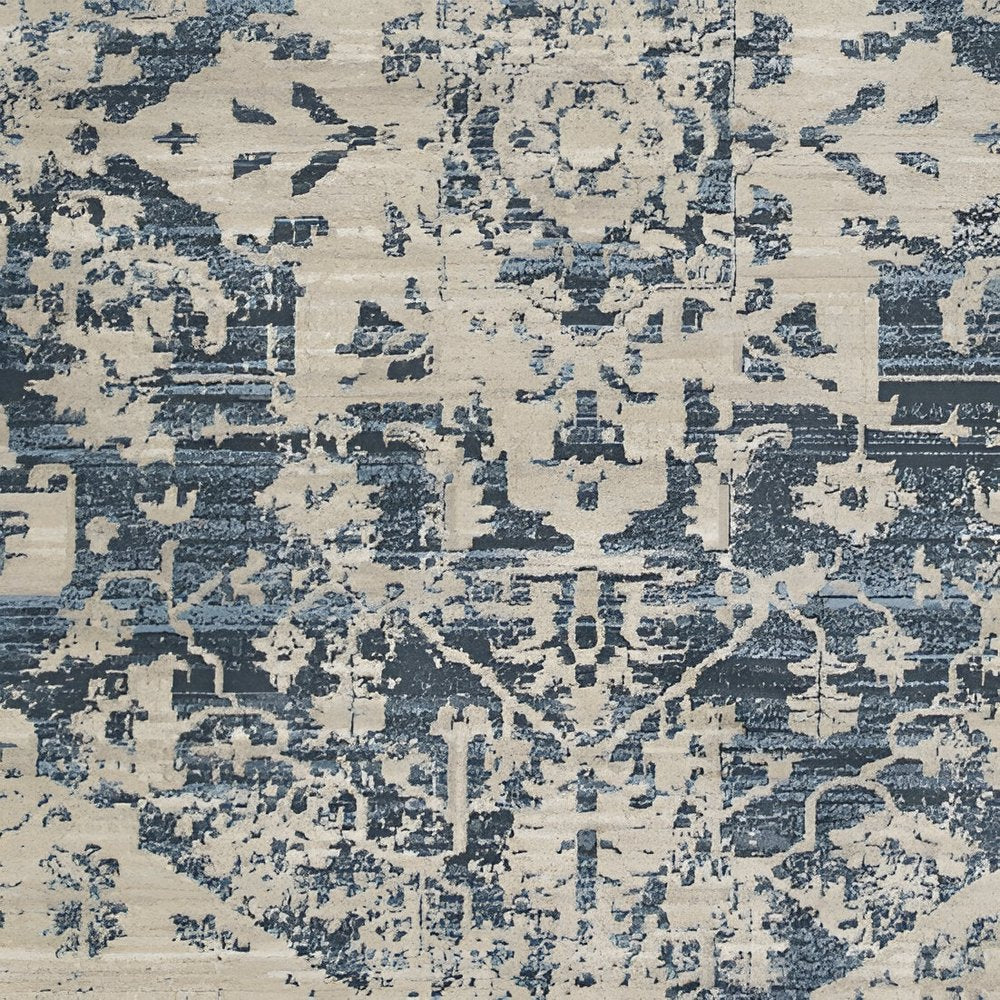 8' Ivory And Blue Oriental Distressed Round Rug